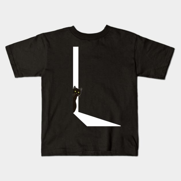 Black Cat Leaning Out of Door Kids T-Shirt by RoeArtwork